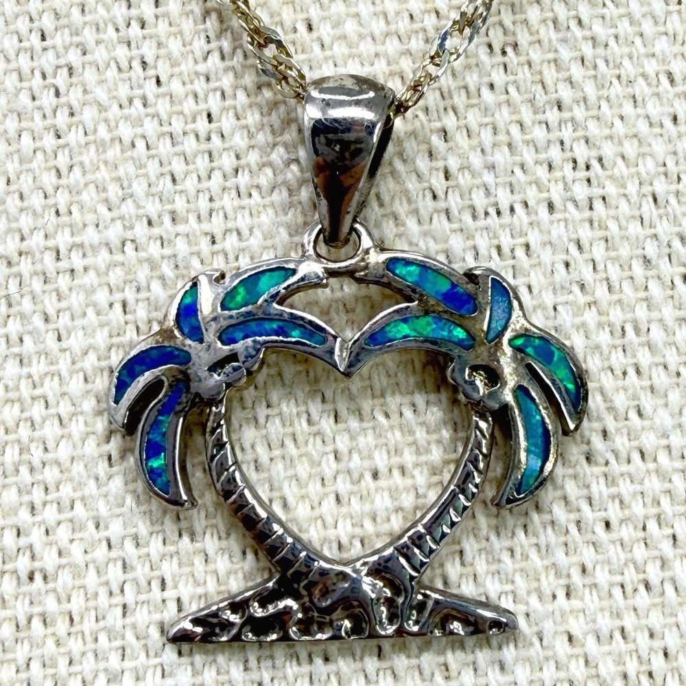 Sterling Silver Opal‎ Palm Tree Heart Necklace Pendant Beach Vacation Island